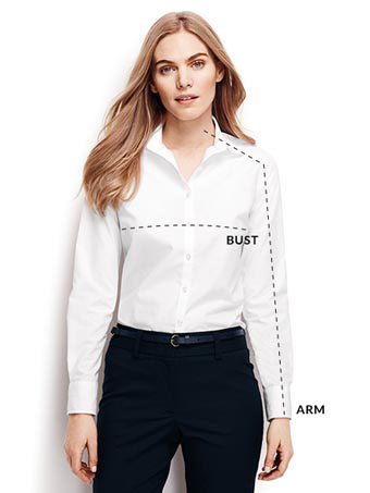 A woman with dotted lines imposed on her outfit showing where to measure arm and bust.